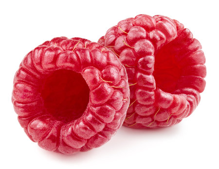 Two fresh raspberries. Fresh berries isolated on white background. Raspberries macro studio photoの写真素材