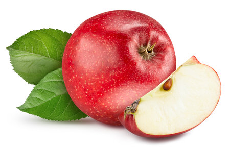 Red apple and slice with leaves. Apple full macro shoot fruit healthy food ingredient on white isolated. suitable for packageの写真素材