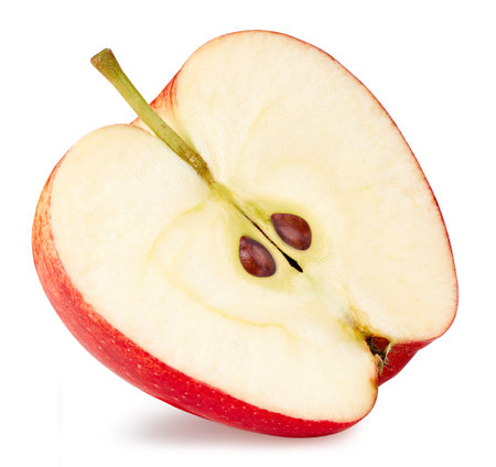 Apple half with leaves. Ripe whole red apple fruit isolated on white background. Apple fruit macro studio photoの写真素材