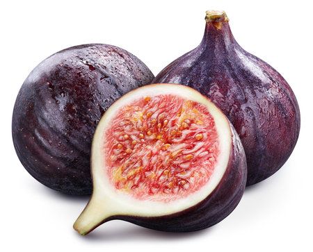 Fig. Ripe whole fig fruit and half isolated on white background. Fig fruit macro studio photoの写真素材