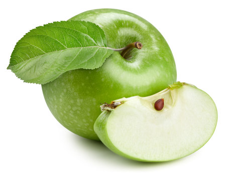 Green apple with leaves. Apple isolated on white background.の写真素材
