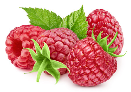 Pile of raspberry fruits isolated on white background. Composition of many fresh raspberry. Image stack full depth of field macro shotの写真素材