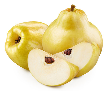 Quince and slice isolated on white background. Quince macro studio photo.の写真素材