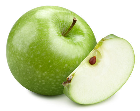 Apple and slice isolated on white background. Green apple macroの写真素材