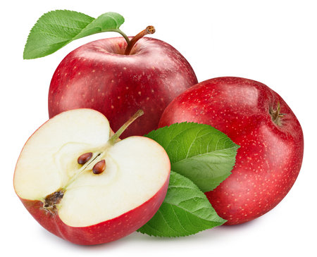 Organic red apple with  isolated on a white background. Apple with leaves macro studio photo.の写真素材