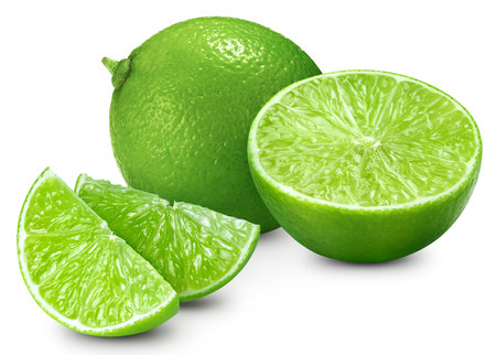 Isolated lime. Fresh organic lime with slice isolated Lime macro studio photo. High End Retouchingの写真素材
