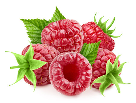 Raspberry. Fresh organic raspberry with leaves isolated on white background.の写真素材