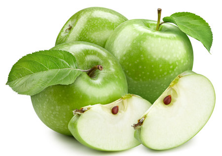 Green apple. Apple organic with leaves isolated on white background.の写真素材