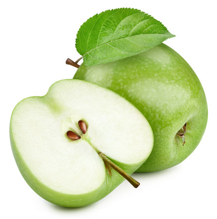 Green apple. Fresh organic green apple with leaves isolated on white background. Apple with clipping pathの写真素材