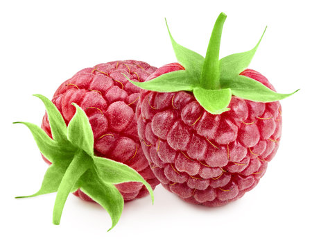 Raspberries isolated on white background close up. Raspberries Clipping Path. Professional studio photographyの写真素材