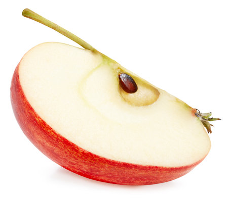 Red apple slice isolated on white background. Apple clipping path. Professional food photographyの写真素材