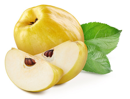 Fresh quince fruit. Quince with leaves isolated on white background. Quince with clipping path.の写真素材