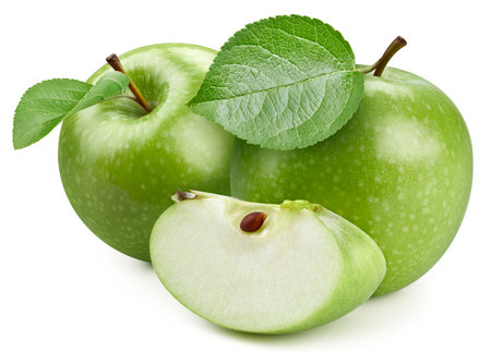 Fresh apple fruits with leaves isolated on white background. Green apple with clipping path. Quince stack full depth of field macro shot.の写真素材