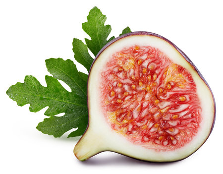 Fig Clipping Path. Ripe fig fruit with green leaf isolated on white background with clipping path. Fig fruit set macro studio photoの写真素材