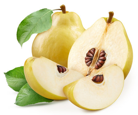 Fresh quince fruits with leaves isolated on white background. Quince with clipping path. Quince stack full depth of field macro shot.の写真素材