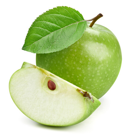 Fresh apple with leaves isolated on white background. Natural apple clipping path. Fresh organic fruit. Full depth of fieldの写真素材