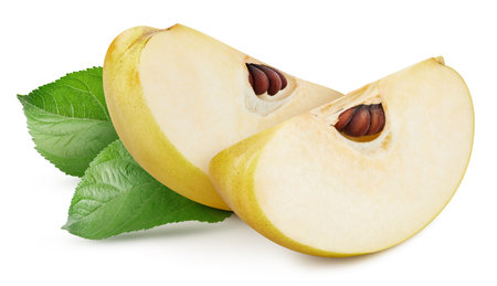 Quince isolated. Fresh organic quince with leaves on white background. Quince with clipping pathの写真素材