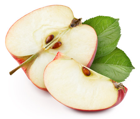 Red apple half and slices isolated on white background. Apple with leaves Clipping Path. Professional food photosの写真素材