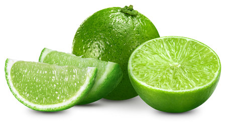 Lime and slice. Lime full macro shoot fruit healthy food ingredient on white isolated. Clipping path suitable for packageの写真素材