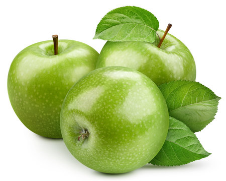 Fresh green apple with leaves. Fresh organic apple isolated on white background. Apple macroの写真素材