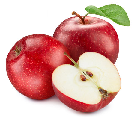 Isolated apple. Fresh organic apple with leaves isolated clipping path. Apple macro studio photo. High End Retouchingの写真素材