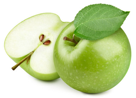 Apple with leaves and half clipping path. Organic fresh apple isolated on white. Full depth of fieldの写真素材