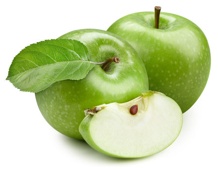 Fresh green apple and cut in slice with leaf isolated on white background. Clipping Path. Full depth of field.の写真素材