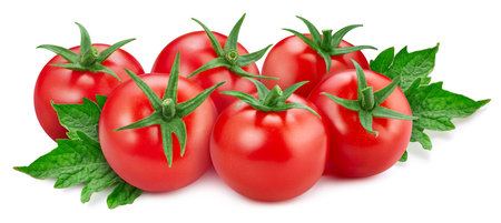Tomato vegetable with leaves isolated on white background. Tomato with clipping path. Tomato macro studio photoの写真素材