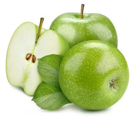 Fresh green apple and cut in slice with leaf isolated on white background. Clipping Path. Full depth of field.の写真素材