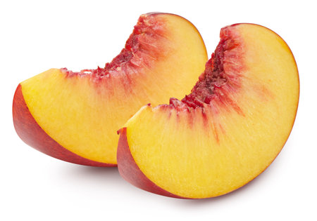 Peach slice isolated on white background. Peach clipping path. Peach fruitsの写真素材