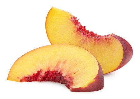 Peach. Fresh peach isolated on white. Whole, half, slice, piece, quarter, section, segmentの写真素材