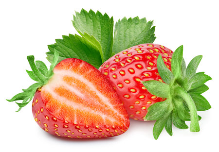 Isolated strawberry with leaf. Whole strawberry fruits and half strawberry on white background  . High End Retouchingの写真素材