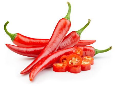 Red hot natural chili pepper. Chili clipping path. Organic fresh chili pepper isolated on white. Full depth of fieldの写真素材