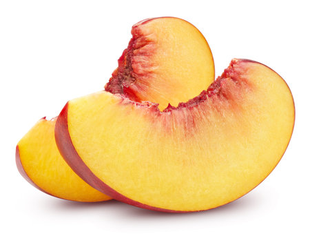Peach slice. Peach isolated  . Organic peach macro studio photo. Full depth of fieldの写真素材
