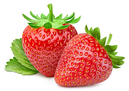 Isolated strawberry  leaf. Whole strawberry fruits and half strawberry  white background   . High End Retouchingの写真素材