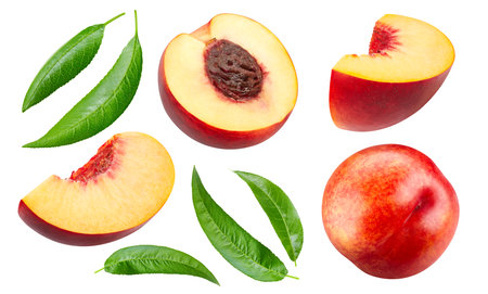 Peach collection. Peach fruits with green leaf isolated on white background.の写真素材