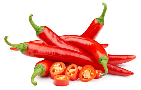 Hot chili peppers. Peppers chili full macro shoot food ingredient on white isolated. Clipping path hot chili peppersの写真素材