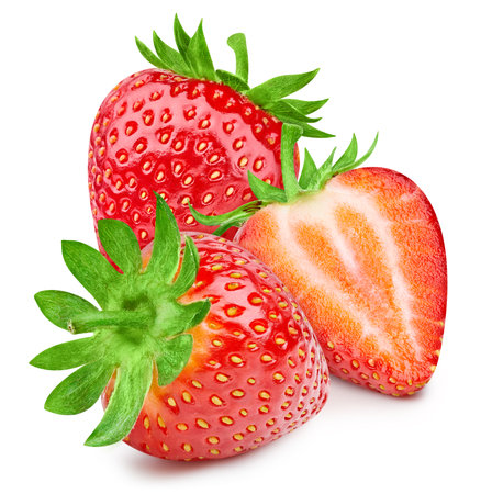 Organic strawberry isolated on white background. Taste strawberry with leaf with clipping pathの写真素材