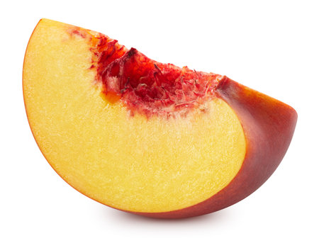 Fresh peach slice. Red peach isolated on white background. Peach with clipping pathの写真素材