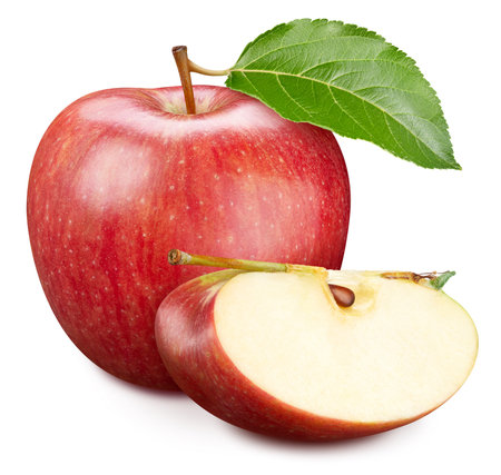 Apple fruit with apple slices and leaves isolated on white background.