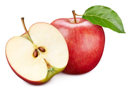 Apple with apple leaves and half isolated on a whiteの写真素材