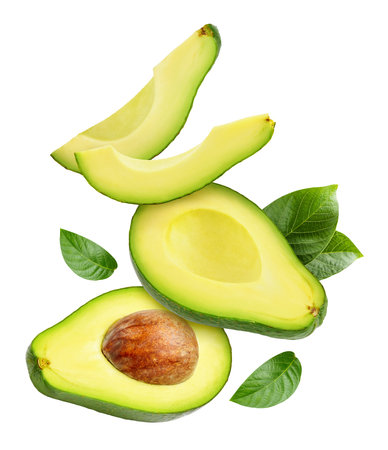 Avocado fruit with avocado leaf isolated on whiteの写真素材