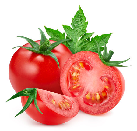 Tomato vegetable with leaves isolated on whiteの写真素材