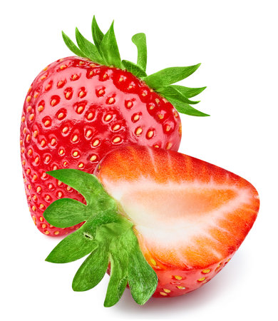 Red strawberry half isolated on whiteの写真素材