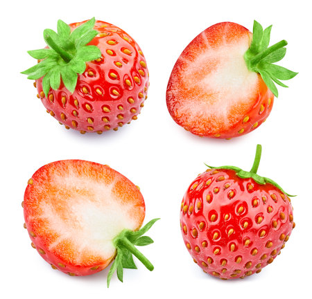 Collection strawberry with leaves. Strawberry isolated on whiteの写真素材