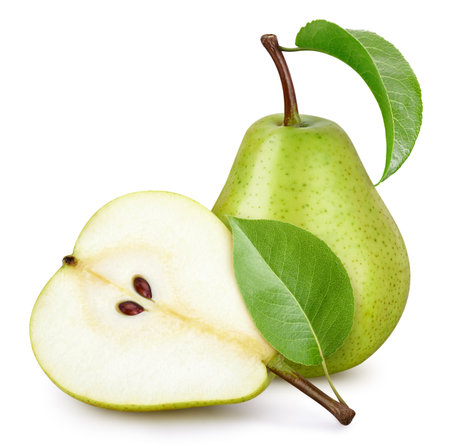 Pear fruit with pear leaf isolated on whiteの写真素材