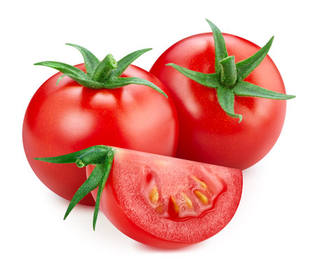 Whole tomate and cut tomate on white background. Organic tomate isolated on white background. Taste tomate with leafの写真素材