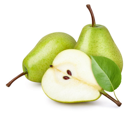 Pear fruit with pear leaf isolated on white background.の写真素材