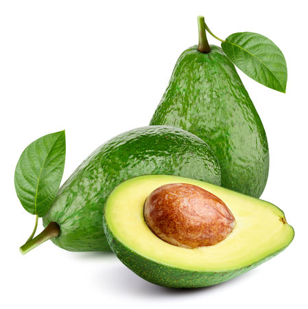 Avocado fruit with avocado leaf isolated on white background.の写真素材