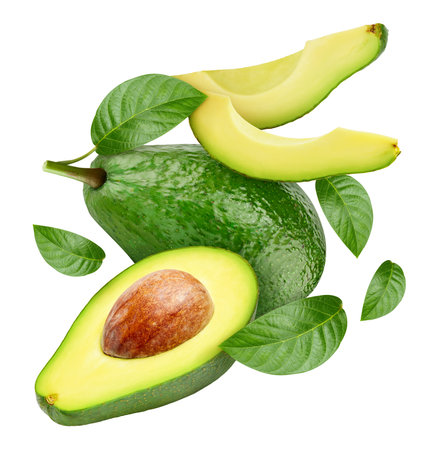 Avocado fruit with avocado leaf isolated on whiteの写真素材